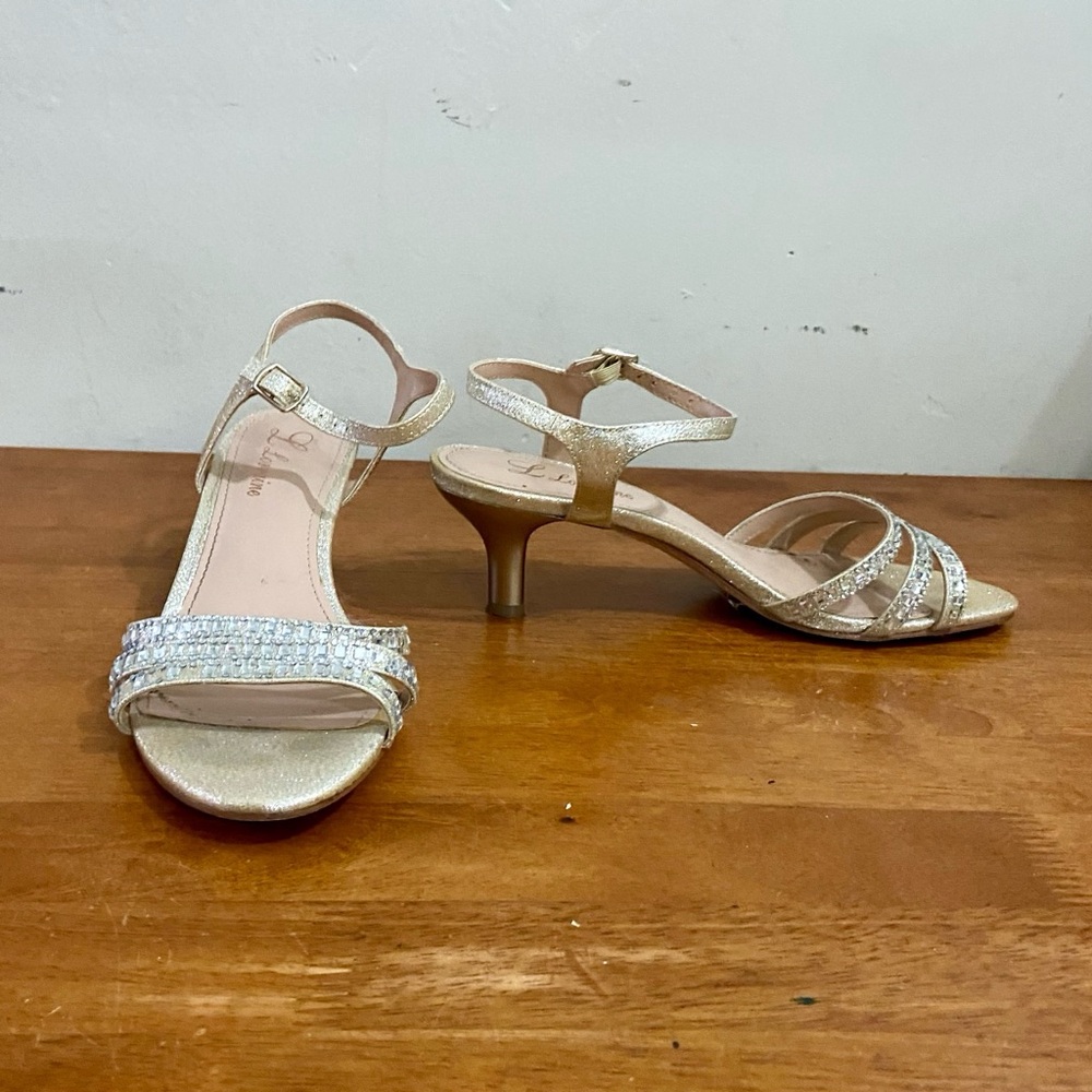 Lorraine Gold Leather with Rhinestone High Heel Sandals- Size 7.5M - Picture 2 of 8
